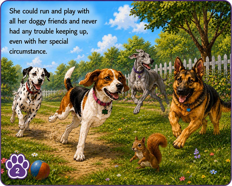 Poppy with her many doggy friends happily playing.